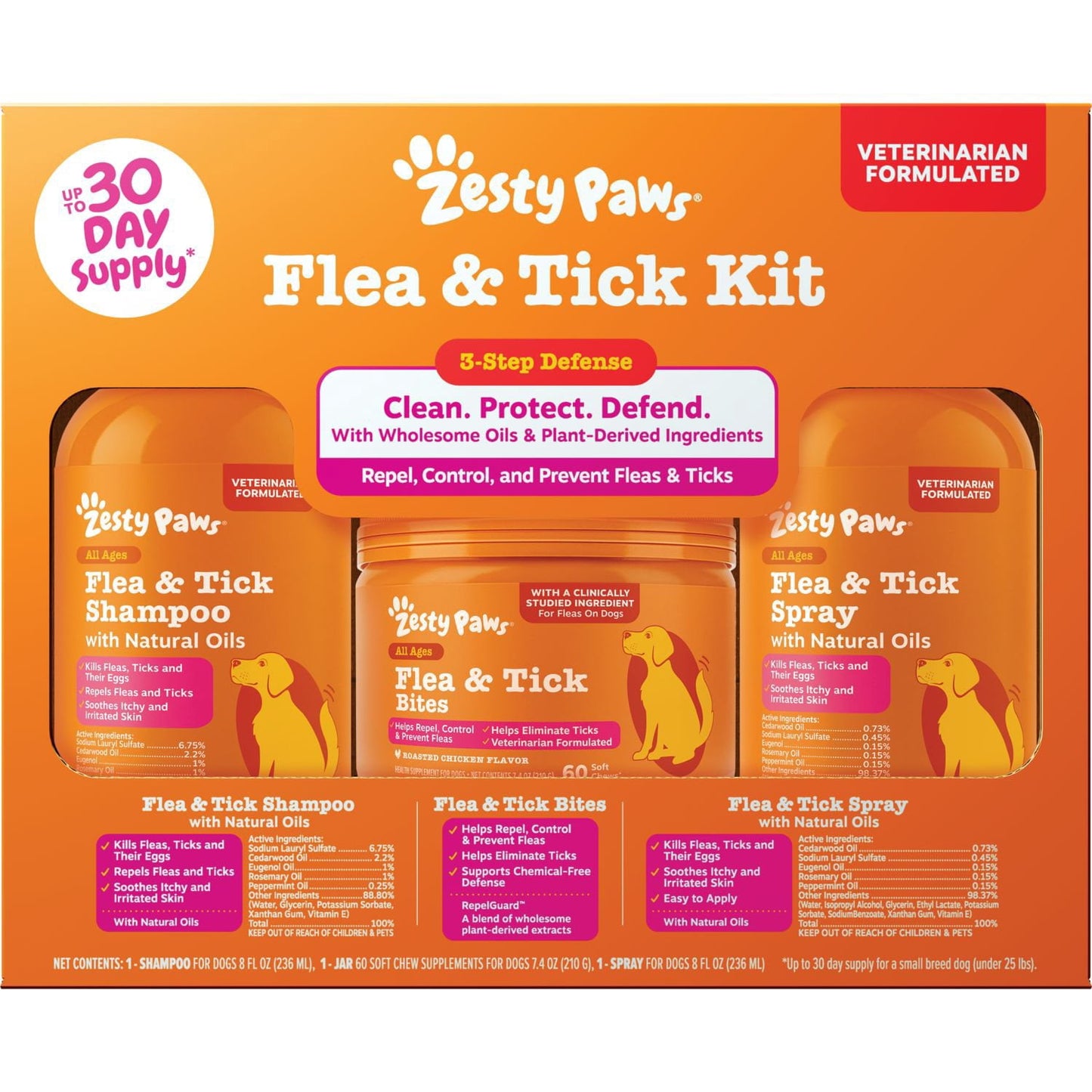 Zesty Paws Flea Tick Kit 8oz Shampoo 8oz Spray 60ct Bites