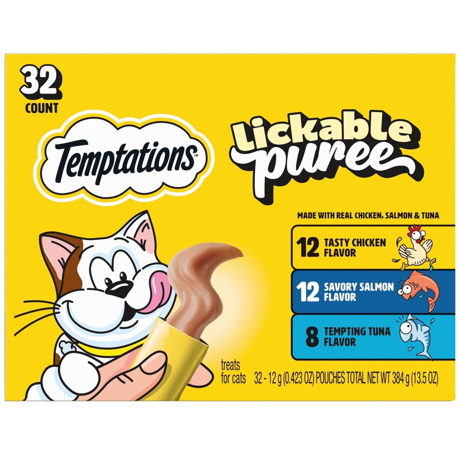 Temptations Lickable Puree Adult Variety Chicken Salmon Tuna Cat Treats 32 ct