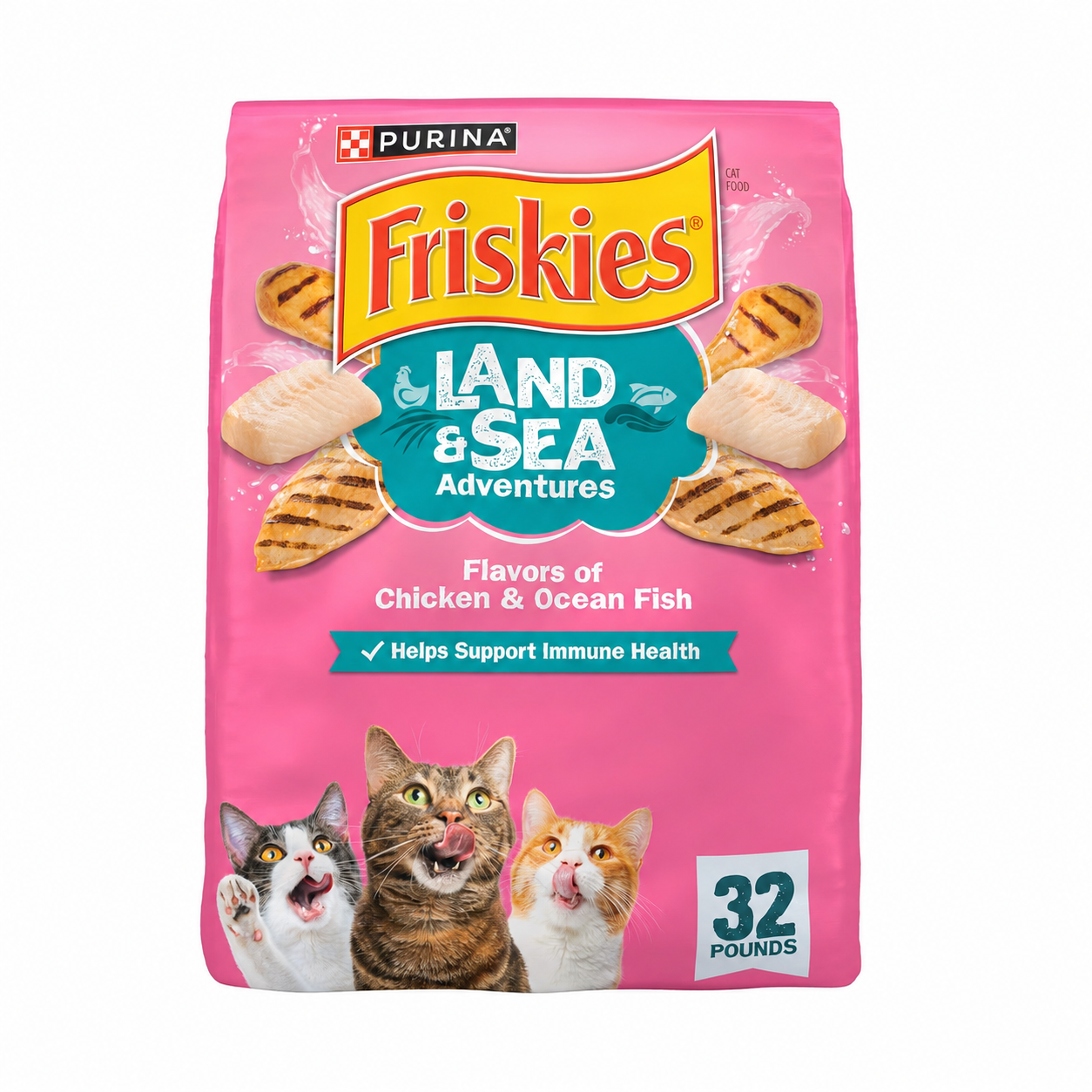 Friskies Land & Sea Adventures, Chickn and Ocean Fish Flavored, Adult Dry Cat Food, 32 lb