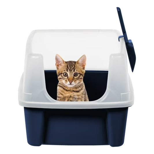 High Sided Open Top Cat Litter Box with Scoop, Navy