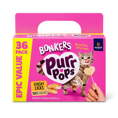 BONKERS Purrpops Freeze Dried Chicken Flavored Lollipop Cat Treats 36 pk